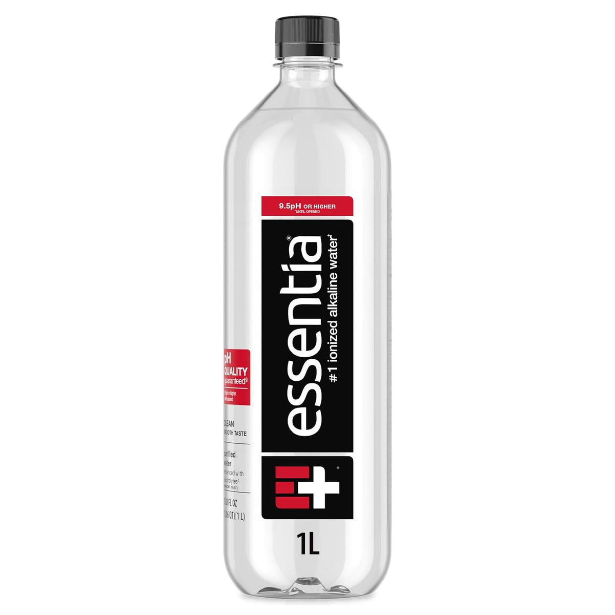 Bottles of Essentia Ionized Alkaline Water with 9.5+ pH, 12-pack of 1-liter bottles, showing clear water and label details.