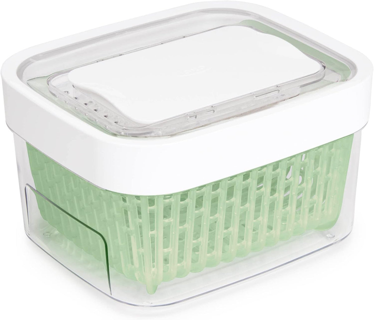 Large white OXO Good Grips GreenSaver produce keeper container for fresh fruit and vegetables storage.