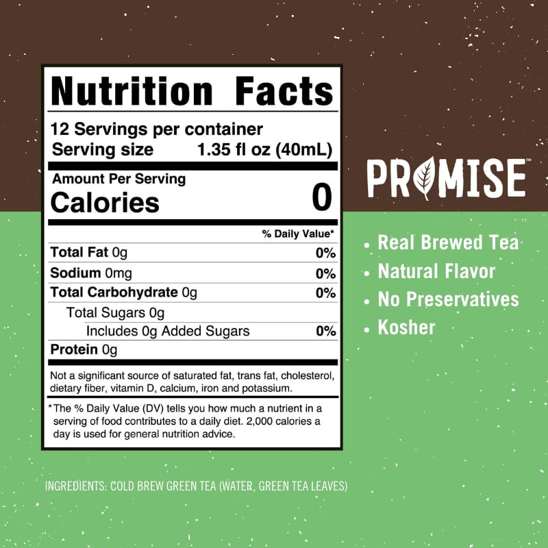 Java House Promise Real Brewed Green Tea in a clear glass bottle with fresh green tea leaves visible inside.