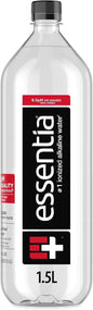 Essentia Ionized Alkaline Water bottle with 1L label, clear plastic bottle showcasing pure, pH 9.5+ alkaline water.