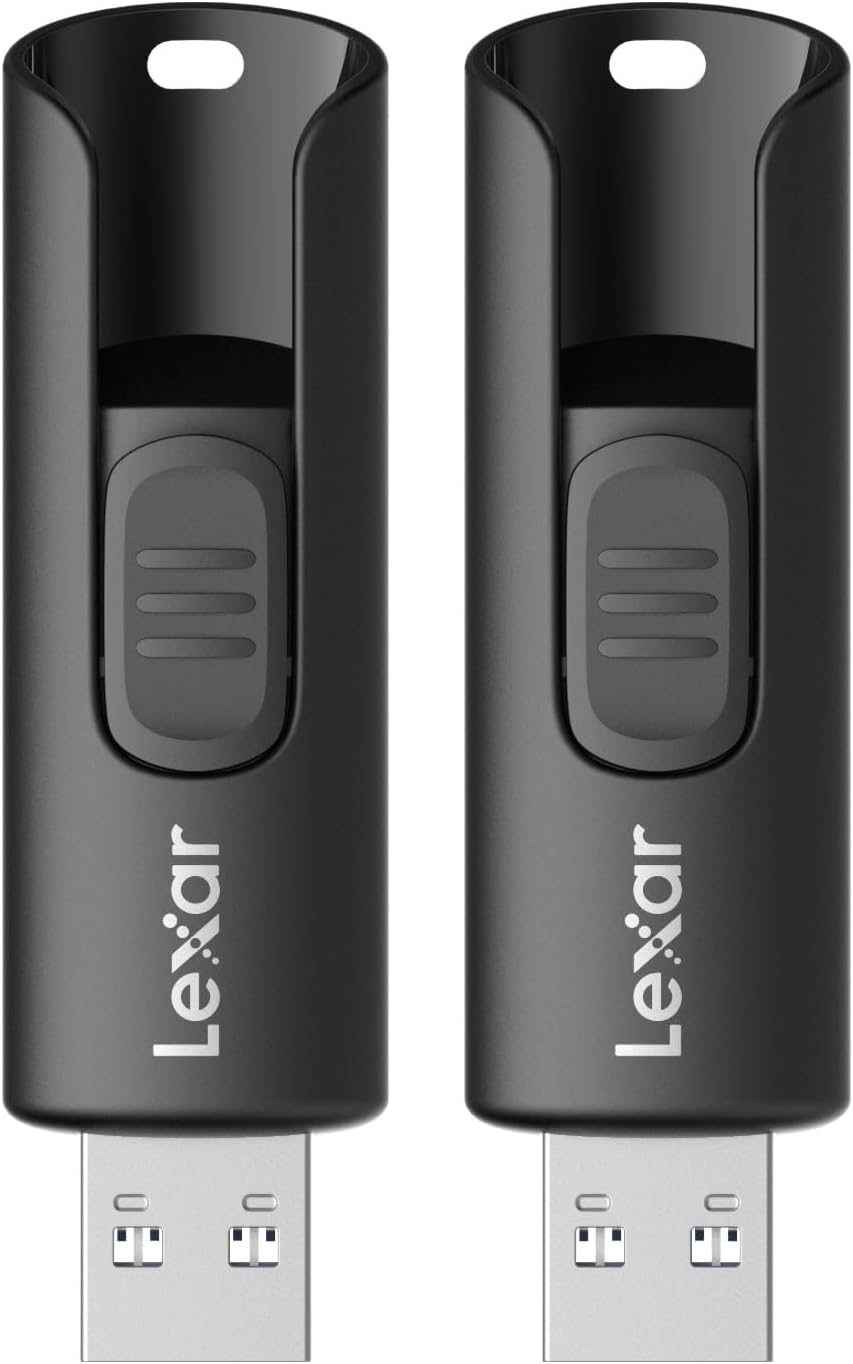 BackupsMyFilesNow Lexar A30E USB 3.2 Gen 1 flash drives, 32GB 3-pack, shown with sleek black design and USB connectors.