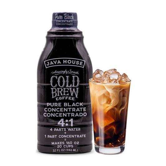 Java House cold brew concentrate bottle with label and dark liquid inside, ready for brewing or mixing.