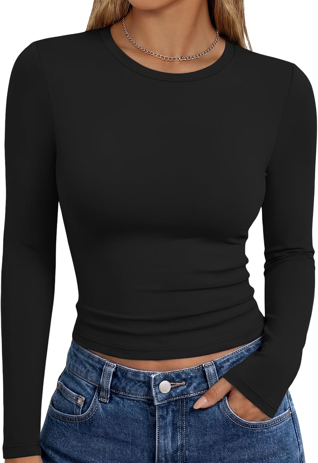 Trendy Queen women's long sleeve T-shirt with fall fashion Y2K style, basic casual top in a versatile design.