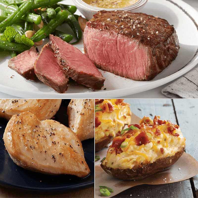 Kansas City Steak Company grill meat bundle featuring top sirloin steaks, boneless chicken breasts, and twice baked potatoes with cheddar and bacon.