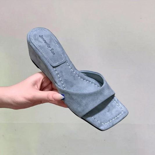 French style women's one-strap open-toe wedge sandals, comfortable slip-on mules for summer dresses