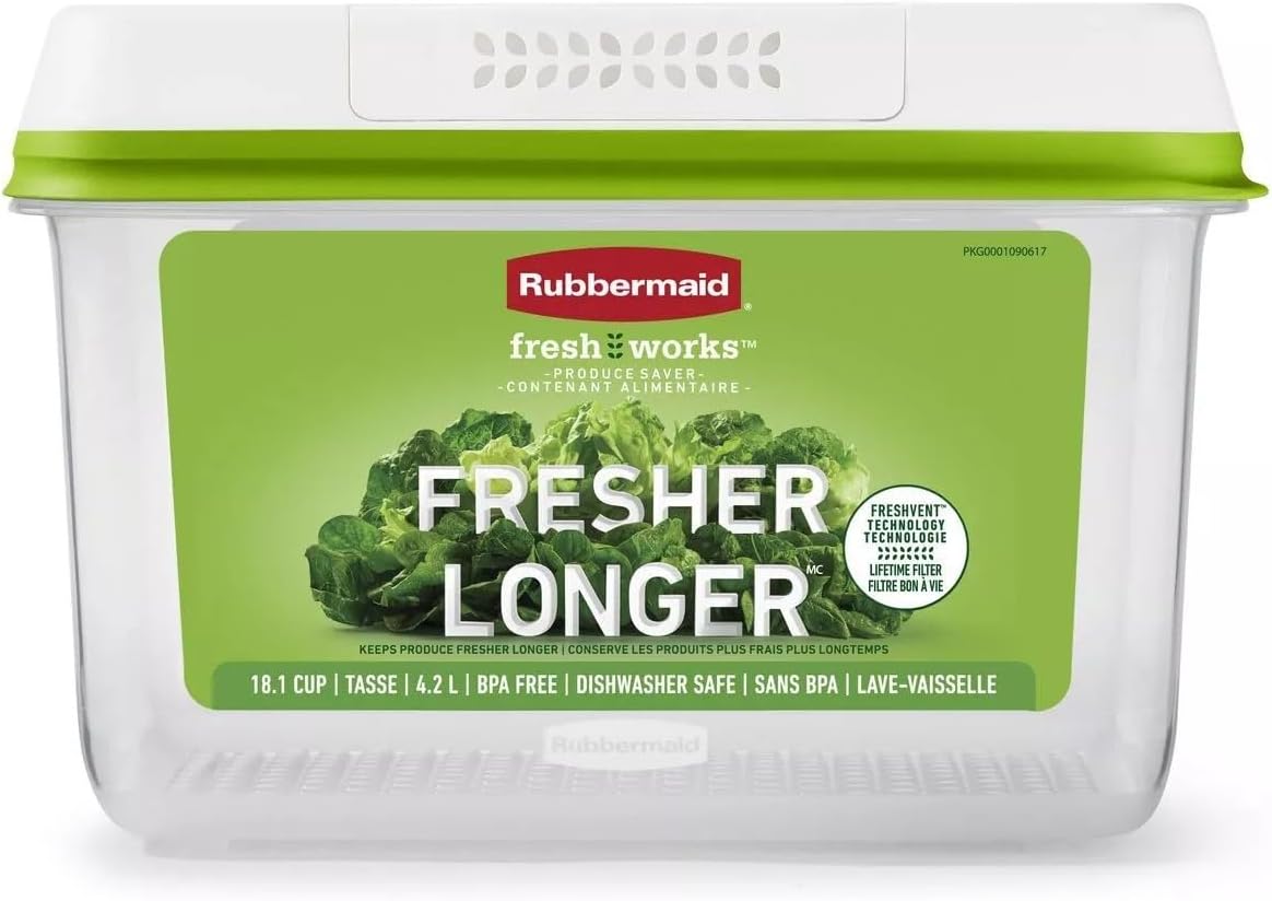 Rubbermaid FreshWorks large short produce storage container in clear plastic, 11.3-cup capacity for fresh fruit and vegetable storage