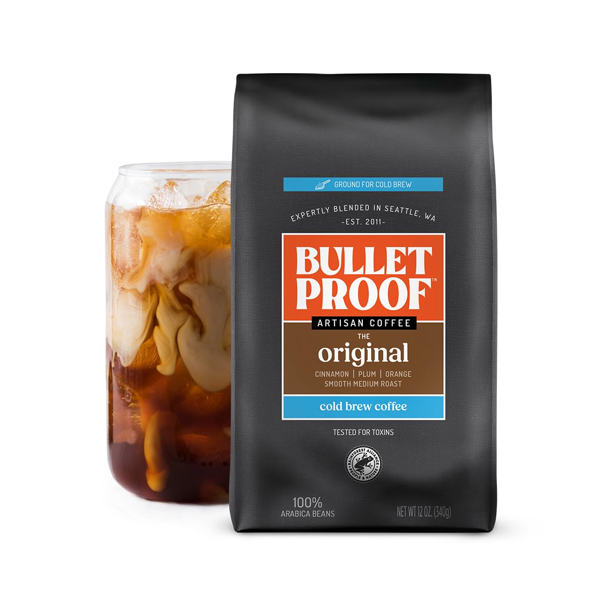 Three 12 oz packages of Bulletproof Original Medium Roast Ground Coffee, showing ground coffee in resealable bags