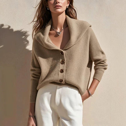 Women's shawl-collar button-front knitted cardigan sweater in a cozy textured design