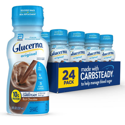 Glucerna Original Diabetes Nutrition Shake bottle, supports blood sugar management, with a label showing nutritional information.
