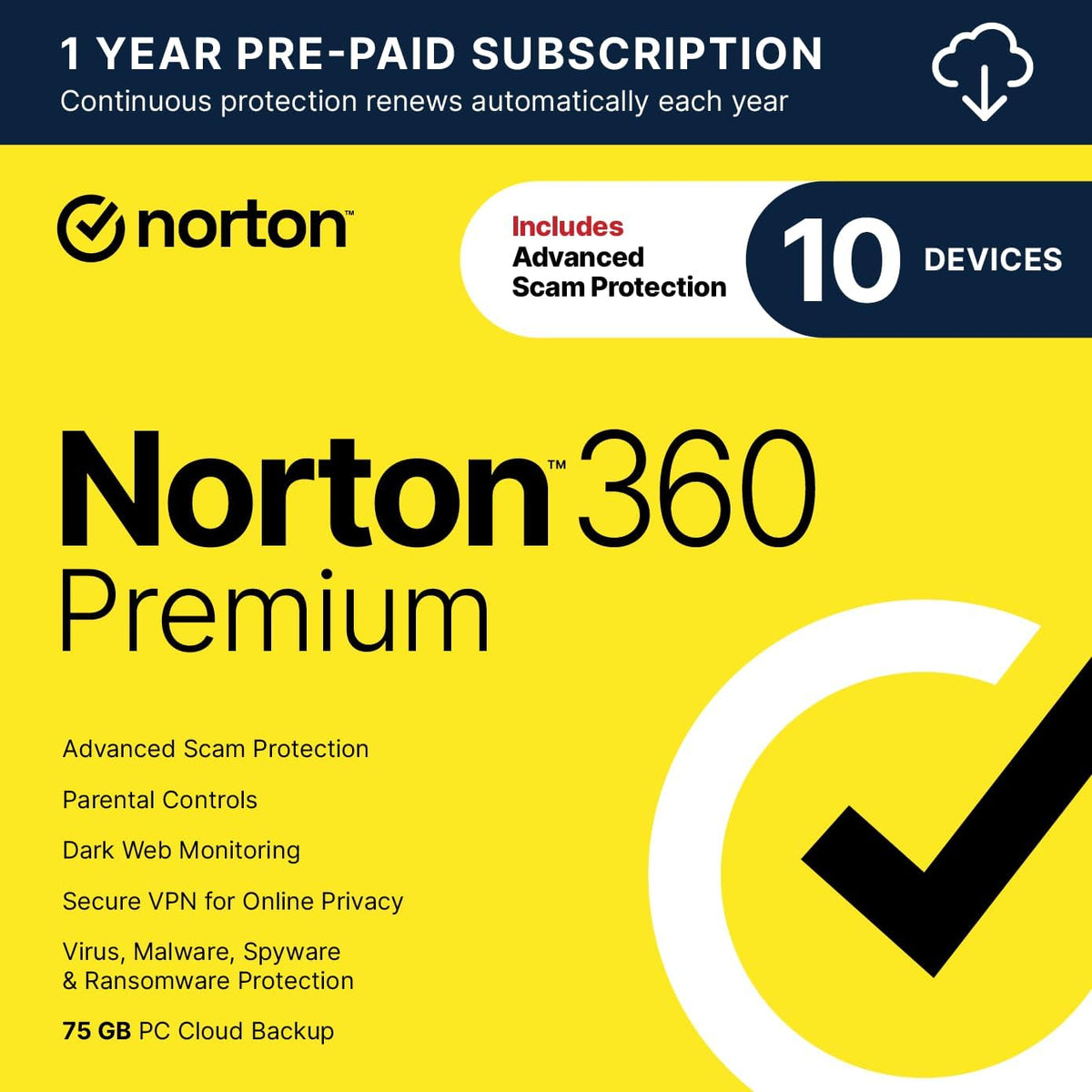 Norton 360 Premium antivirus software box for 10 devices, featuring auto-renewal and download options.