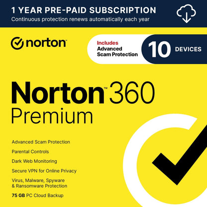 Norton 360 Premium antivirus software box for 10 devices, featuring auto-renewal and download options.
