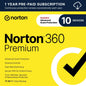 Norton 360 Premium antivirus software box for 10 devices, featuring auto-renewal and download options.