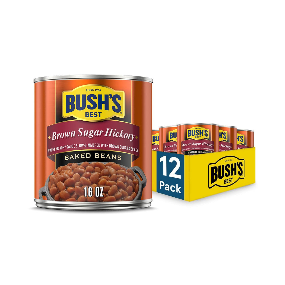 Canned Bush's Best Maple Cured Bacon Baked Beans 16 oz pack of 12, showing the label and baked beans inside the can
