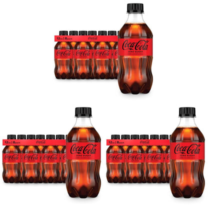 Coca-Cola Zero Sugar diet soda cans in a 12-pack, 12 fl oz each, displayed in a fridge pack with red and black branding.