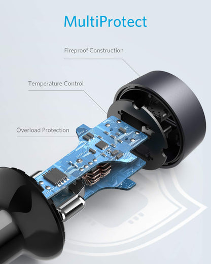 Anker PowerDrive III Duo USB-C car charger with two charging ports, compact design, and LED indicator for fast device charging.