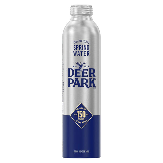 Generic Deer Park spring water aluminum bottles, 25 oz each, in a 12-pack, sustainably sourced natural spring water.