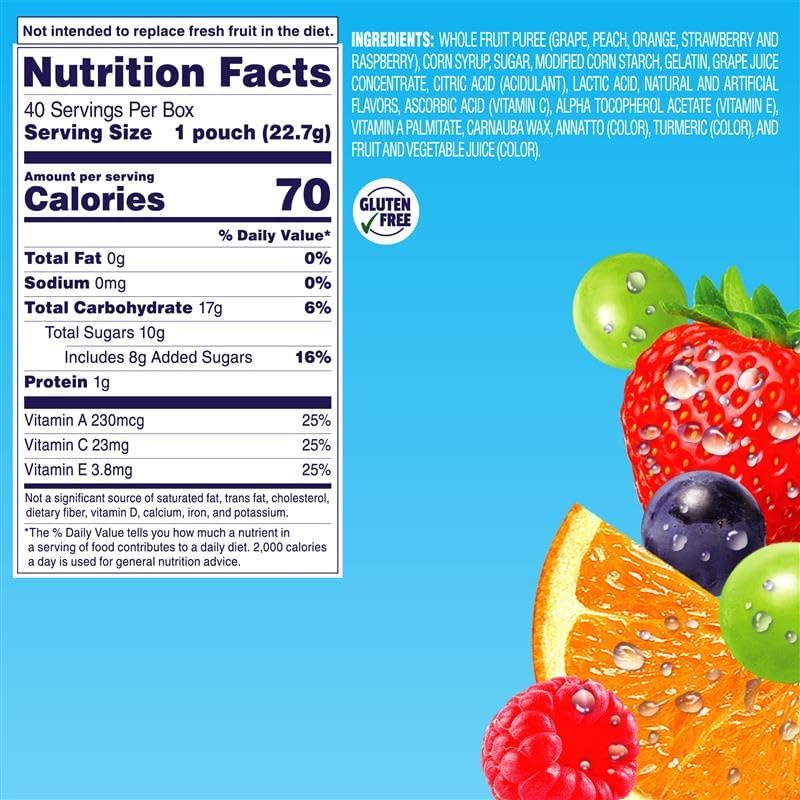Welch's mixed fruit snacks box with 40 individual 0.8 oz packs, colorful fruit shapes for kids' healthy snacking.