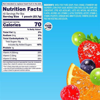 Welch's mixed fruit snacks box with 40 individual 0.8 oz packs, colorful fruit shapes for kids' healthy snacking.