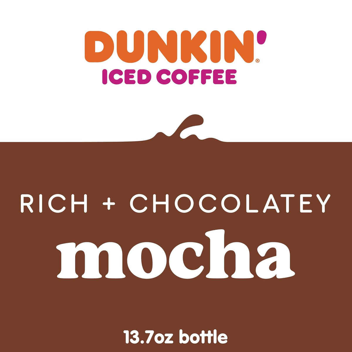 Dunkin' Mocha Iced Coffee bottles, 13.7 fl oz each, pack of 12, cold coffee beverage with chocolate flavor in clear bottles