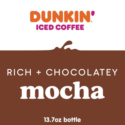 Dunkin' Mocha Iced Coffee bottles, 13.7 fl oz each, pack of 12, cold coffee beverage with chocolate flavor in clear bottles