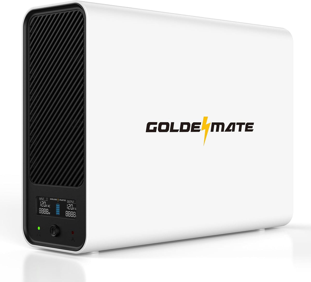 GOLDENMATE 1000VA lithium UPS battery backup and surge protector in white, showing the compact unit with power outlets and indicator lights.