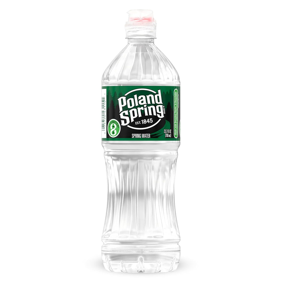 Poland Spring half pint natural spring water bottles in a 12-pack, 27.6 pounds, stacked together in a retail display.