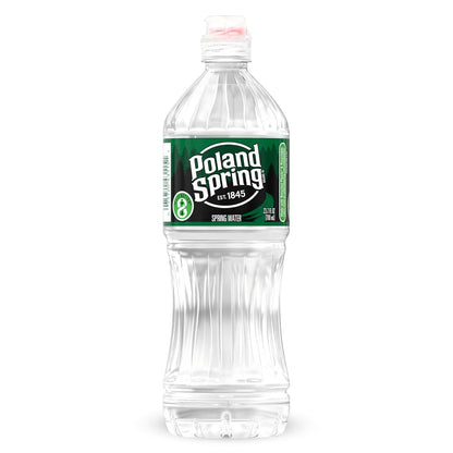 Poland Spring half pint natural spring water bottles in a 12-pack, 27.6 pounds, stacked together in a retail display.