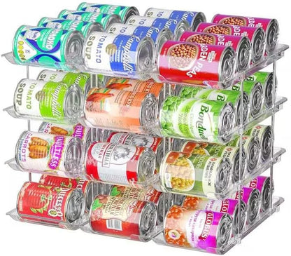 Attelite 3-tier rolling can organizer for pantry storage, featuring multiple cans arranged on sleek metal shelves.