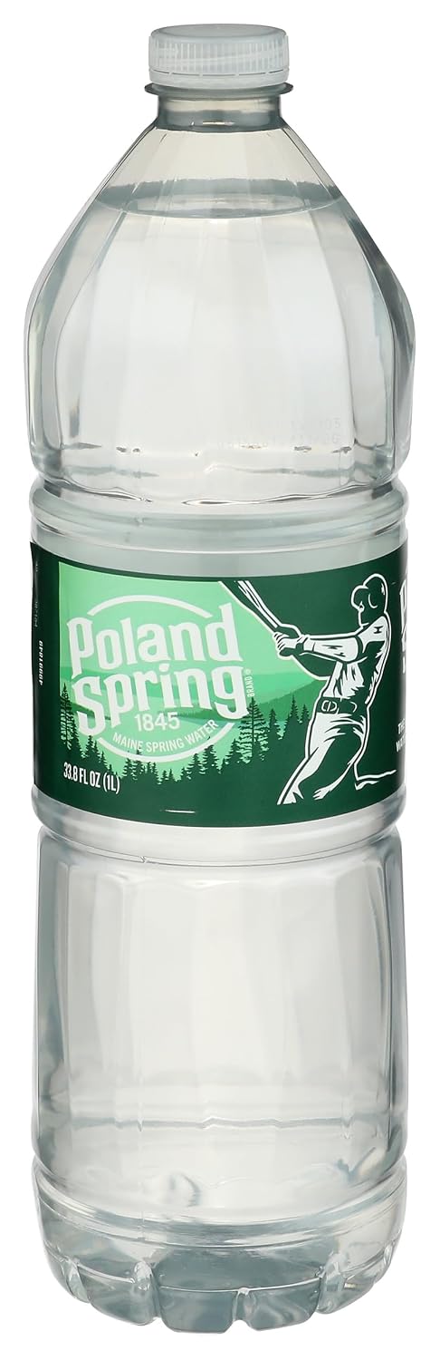 Poland Spring half pint natural spring water bottles in a 12-pack, showcasing clear water and packaging design.