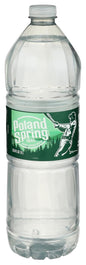Poland Spring half pint natural spring water bottles in a 12-pack, showcasing clear water and packaging design.