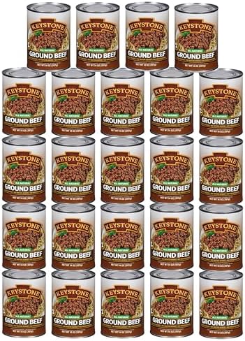 Canned Keystone all natural heat and serve ground beef in 14 oz cans, fully cooked and ready to eat, pantry staple.