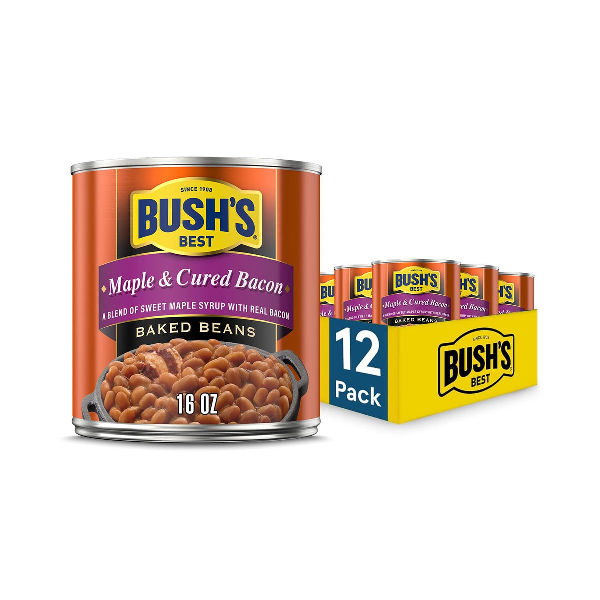 Canned Bush's Best Maple Cured Bacon Baked Beans in 16 oz can, pack of 12, with beans and bacon pieces visible in the image.