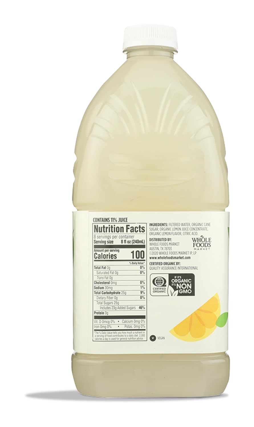 Organic lemonade bottle by 365 Whole Foods Market, 64 fl oz, featuring a clear label and fresh lemon imagery on the packaging.
