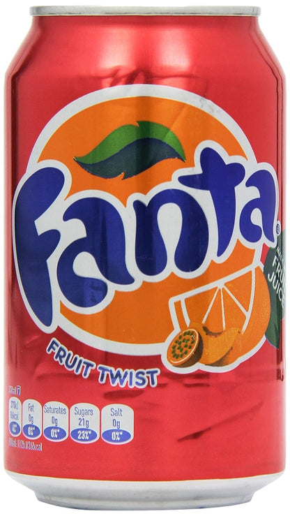 Six 330 ml Fanta Fruit Twist orange soda cans with bright orange branding and colorful fruit graphics.