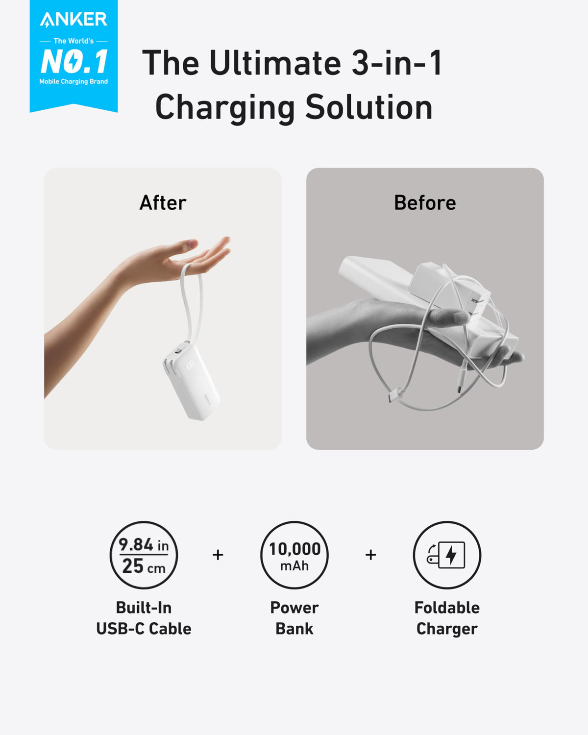 Anker Power Bank 10K Fusion with built-in cable, compact portable charger for smartphones and devices.