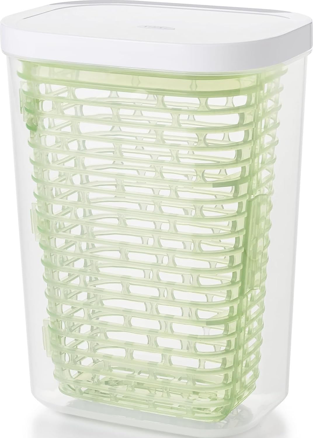 Large white OXO Good Grips GreenSaver produce keeper for storing fresh fruits and vegetables in the kitchen.