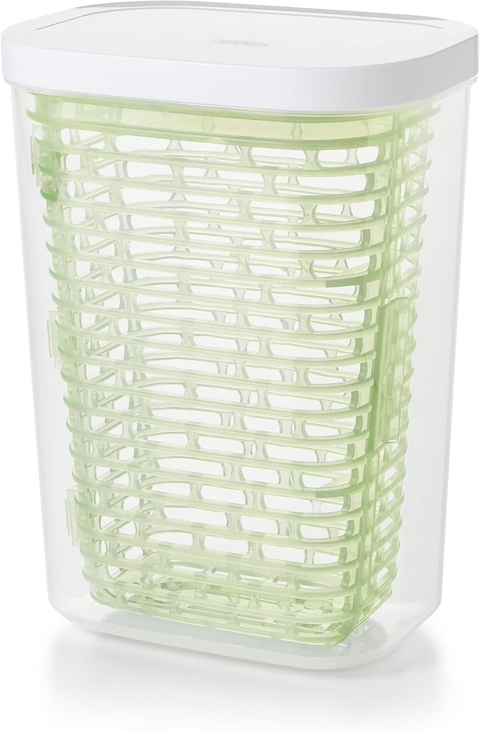 Large white OXO Good Grips GreenSaver produce keeper for fresh fruit and vegetables storage.