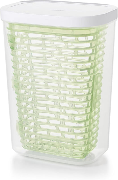 Large white OXO Good Grips GreenSaver produce keeper for fresh fruit and vegetables storage.
