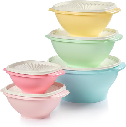 Tupperware Heritage 36-piece vintage pastel food storage containers with lids, including 18 containers and 18 lids for kitchen organization.