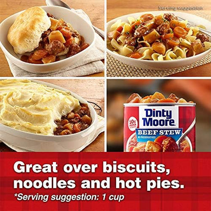 Canned Dinty Moore beef stew with potatoes and carrots in a 15oz can, ready for serving, shown in the image.