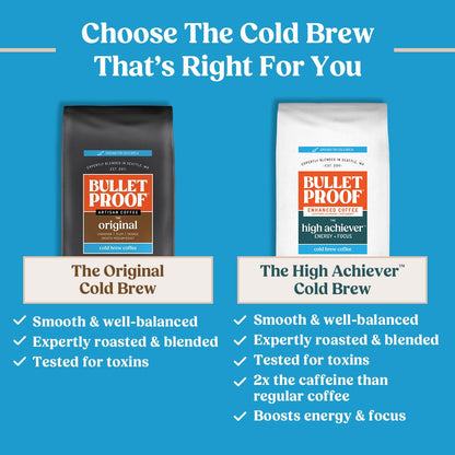 Coarse ground Bulletproof Original Cold Brew Coffee, medium roast in 12 oz bag, ideal for cold brew brewing and rich coffee flavor.