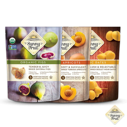 Assorted SUNNY FRUIT dried fruit snack packs in six bags, with colorful dried fruit pieces visible in clear packaging.