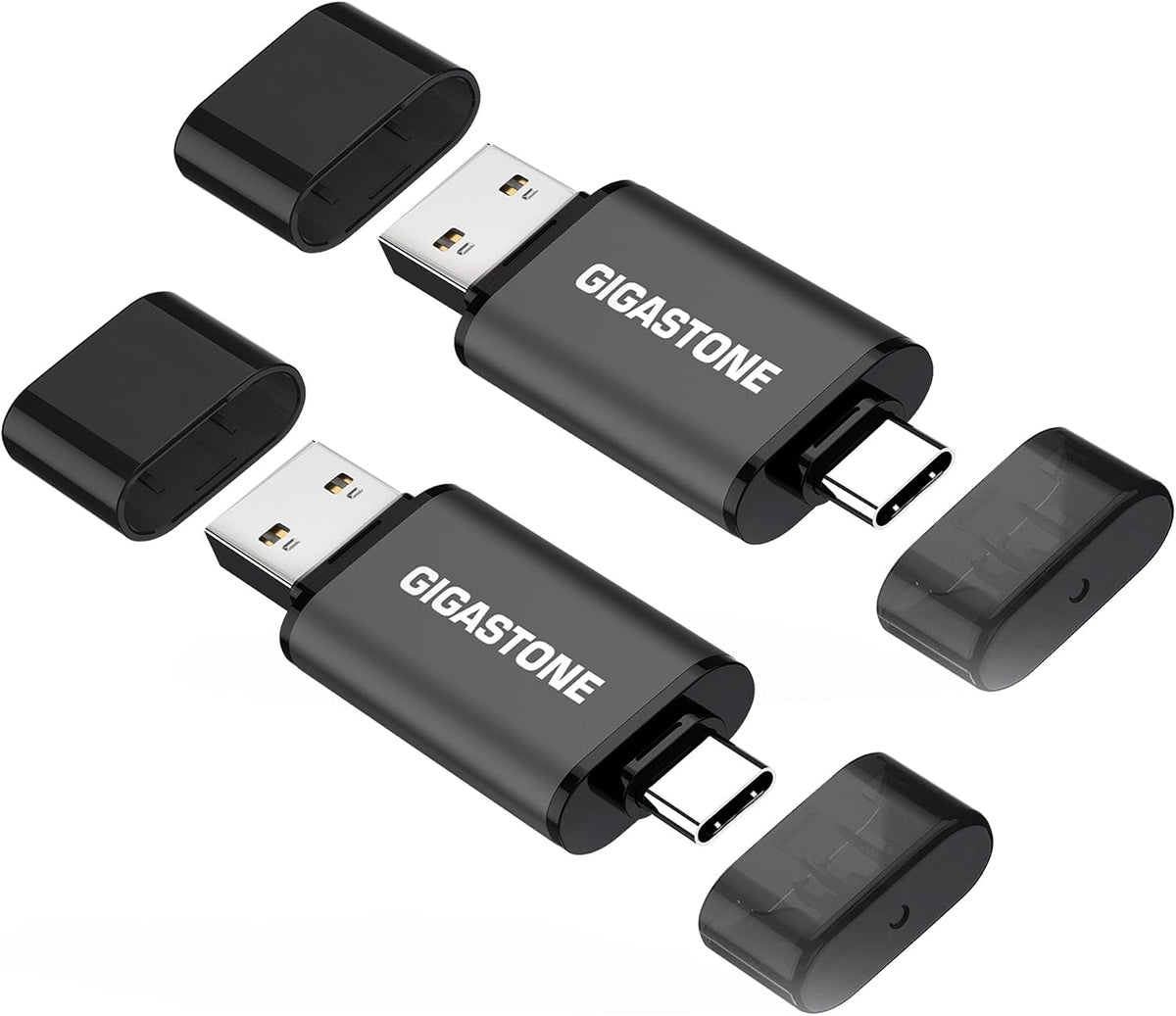 Gigastone 128GB dual USB flash drives with USB-C and USB-A connectors, head cap design, fast data transfer, compatible with smartphones and PCs.
