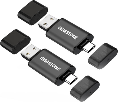 Gigastone 128GB dual USB flash drives with USB-C and USB-A connectors, head cap design, fast data transfer, compatible with smartphones and PCs.