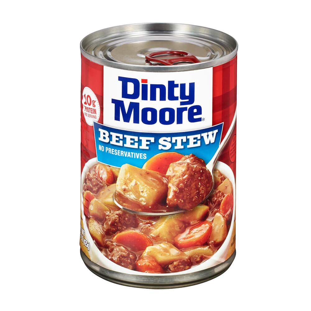 Canned Dinty Moore beef stew with potatoes and carrots, 15oz, ready-to-eat meal in a can, 12-pack.