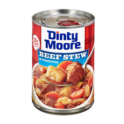 Canned Dinty Moore beef stew with potatoes and carrots, 15oz, ready-to-eat meal in a can, 12-pack.