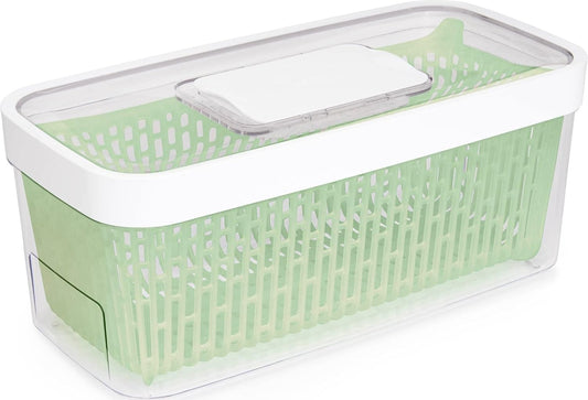 Large white OXO Good Grips GreenSaver produce keeper for fresh fruit and vegetables, with vented design for optimal storage.