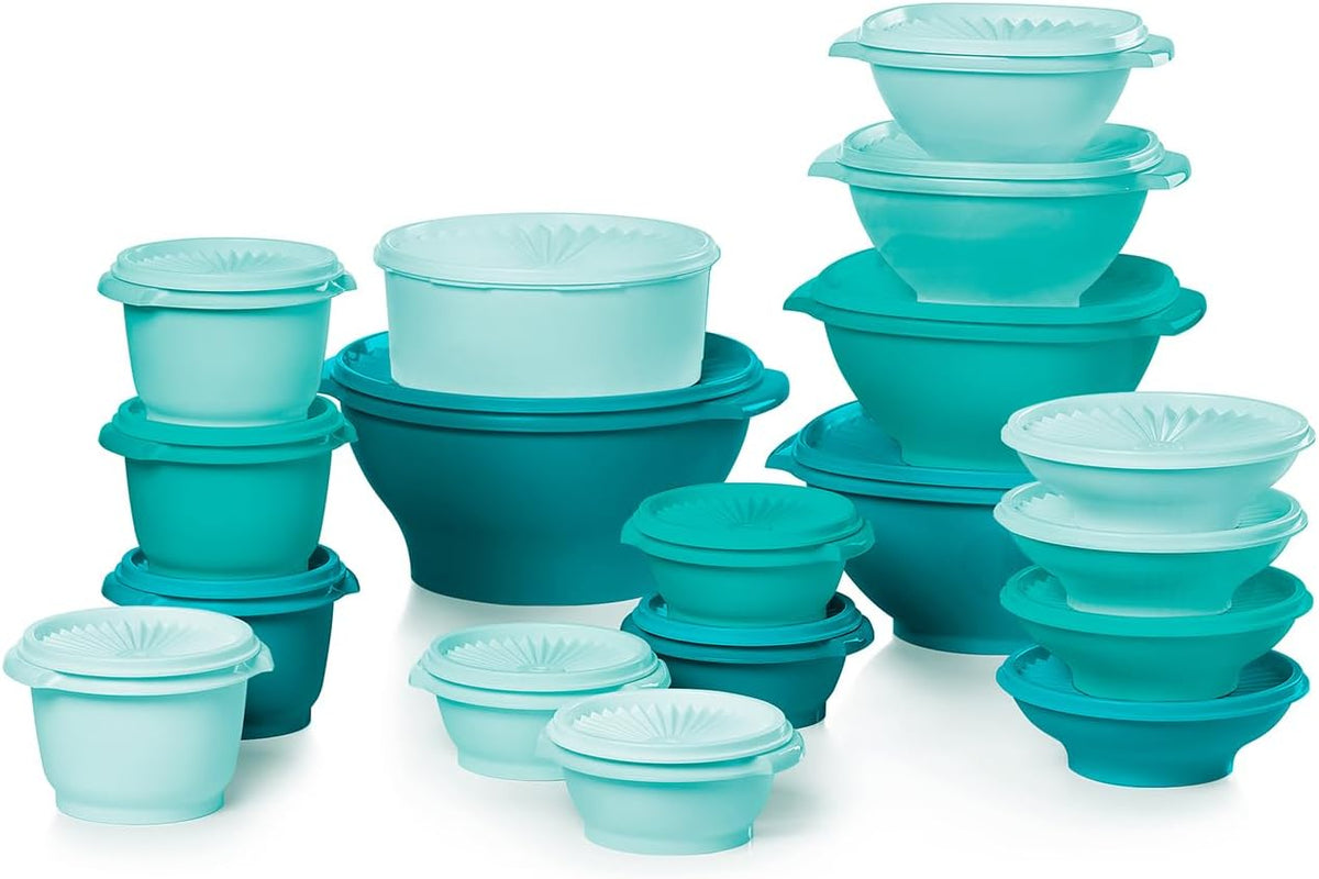 Tupperware Heritage 36-piece vintage pastel food storage containers set with 18 containers and 18 lids in assorted colors.