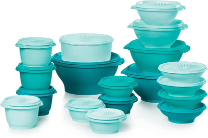 Tupperware Heritage 36-piece vintage pastel food storage containers set with 18 containers and 18 lids in assorted colors.
