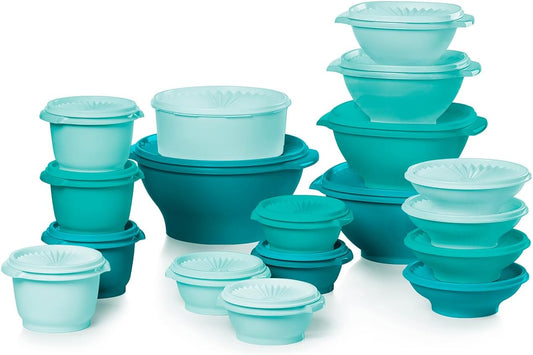 Tupperware Heritage 36-piece vintage pastel food storage containers set with 18 containers and 18 lids in assorted colors.